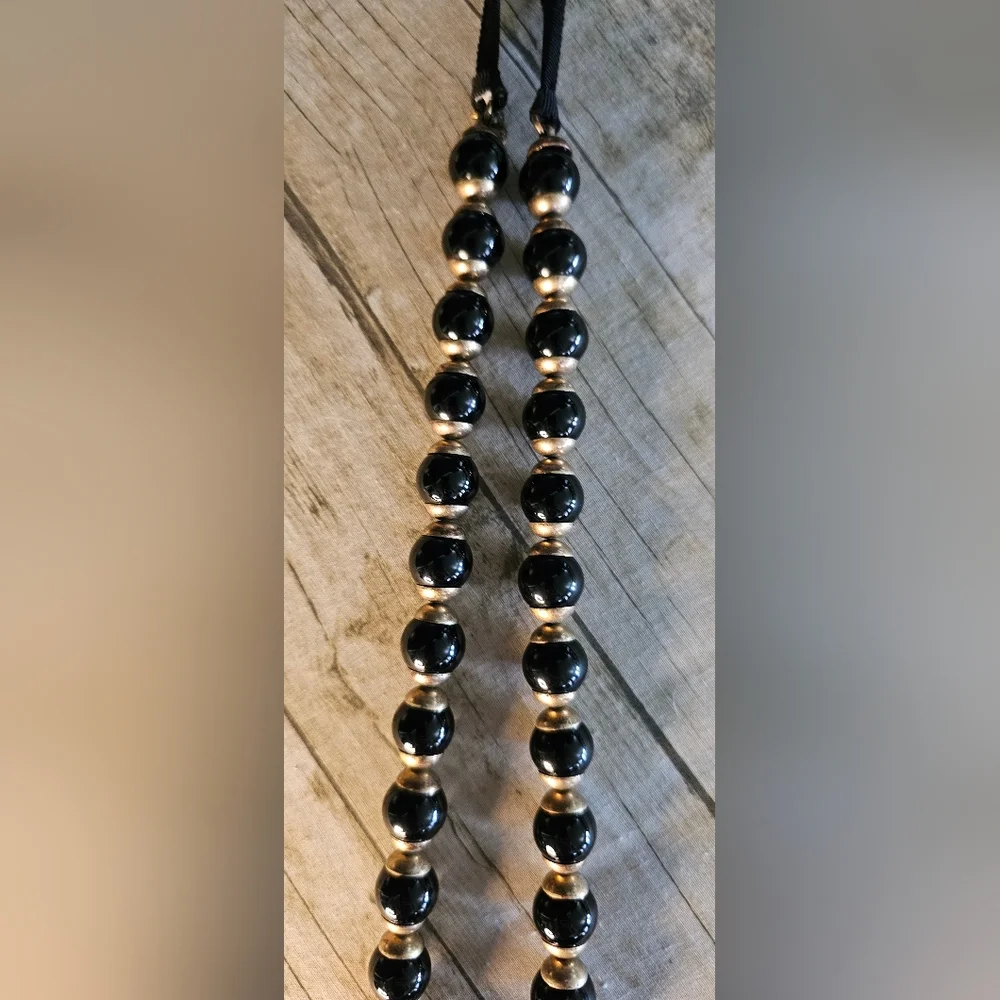 [J. CREW] Black & Gold ○● Beaded Statement Necklace with Cloth Tie